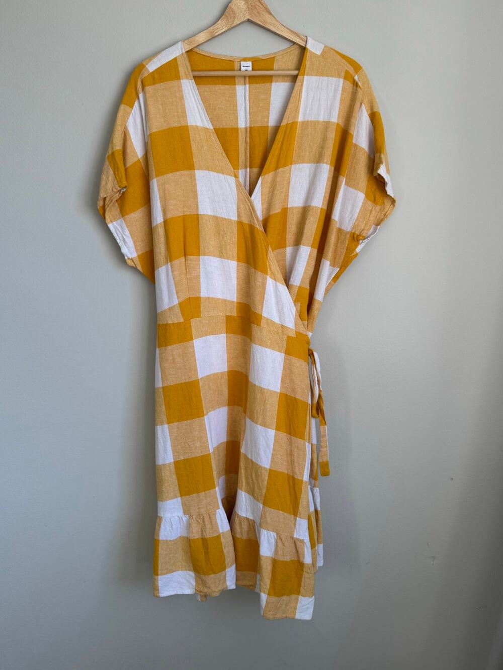 Old Navy Yellow Gingham Wrap Dress XXL Linen Blend Cottagecore Boho